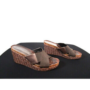 Donald J. Pliner Bosna Dark Brown Slip On High Heel Wedge Sandals Shoes Women 7M